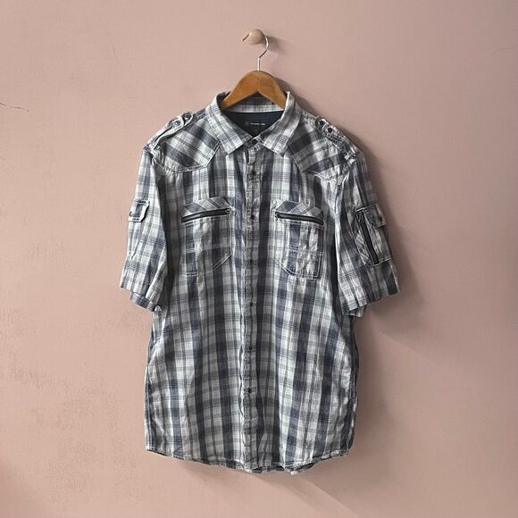 INC International Concepts Men’s Cream & Blue Plaid Button Down Shirt Sz L EUC - Picture 1 of 12